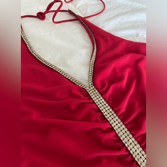 Vintage Betsy & Adam Red Rhinestone Full Length Formal Dress Open back - Picture 9 of 15